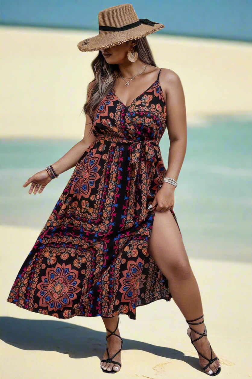 Plus Size Floral Belted Cami Boho Long Dress