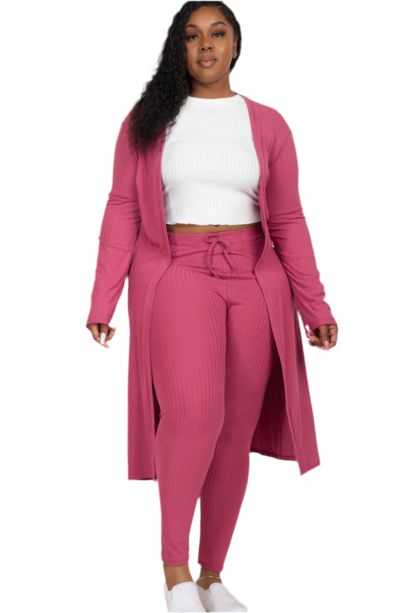 Plus Size Ribbed Long Cardigan & Leggings Set