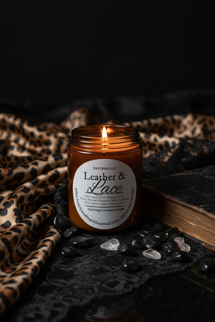 Leather + Lace candle in amber glass jar with golden lid, lit flame, black lace surface, leopard print silk, and crystals — HouseOfTantrika