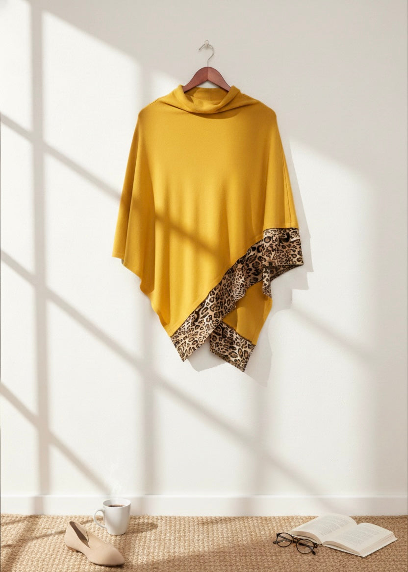 All Year Round Leopard Trim Solid Poncho