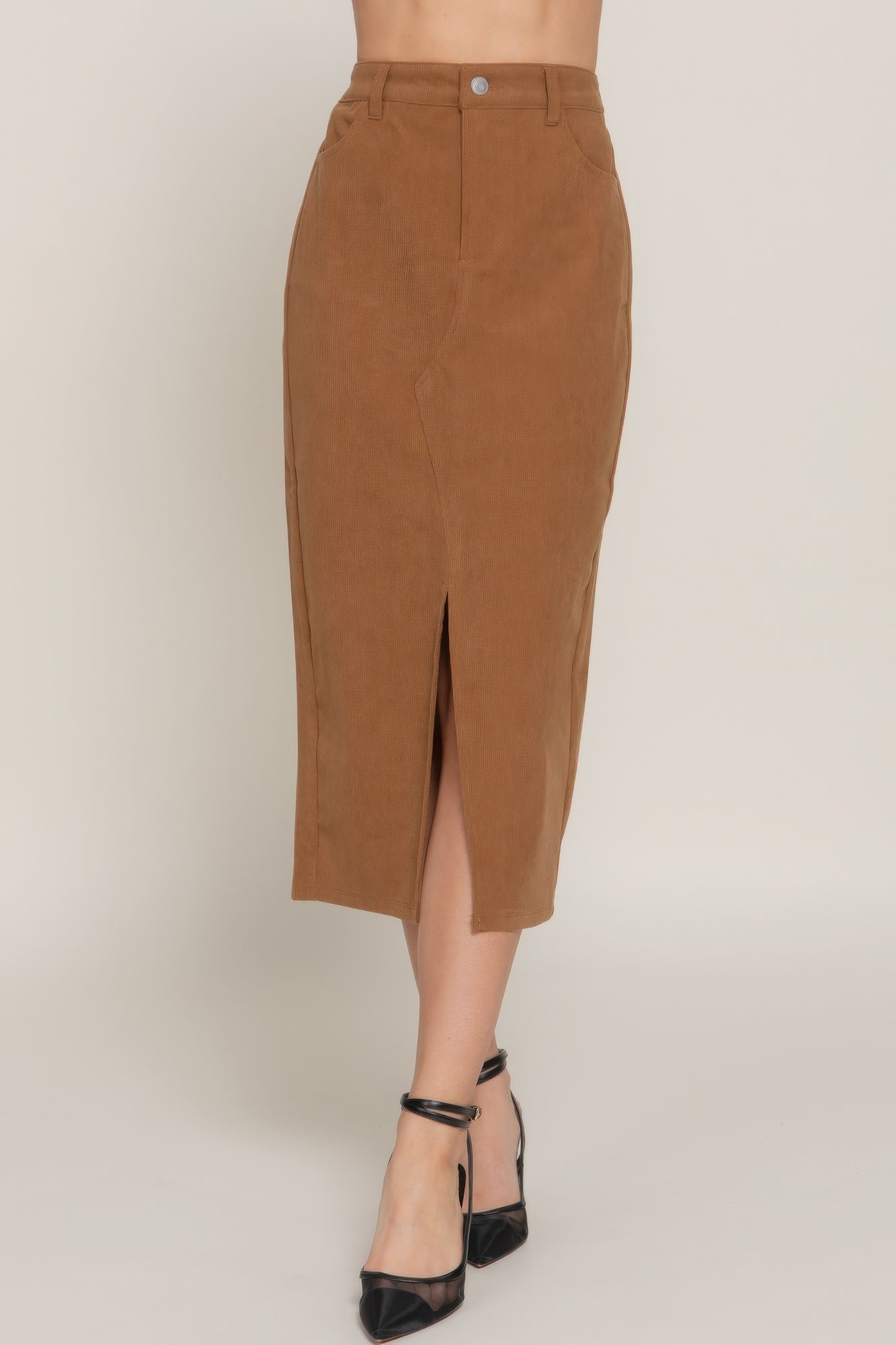 Front Open Slit Corduroy Midi Skirt